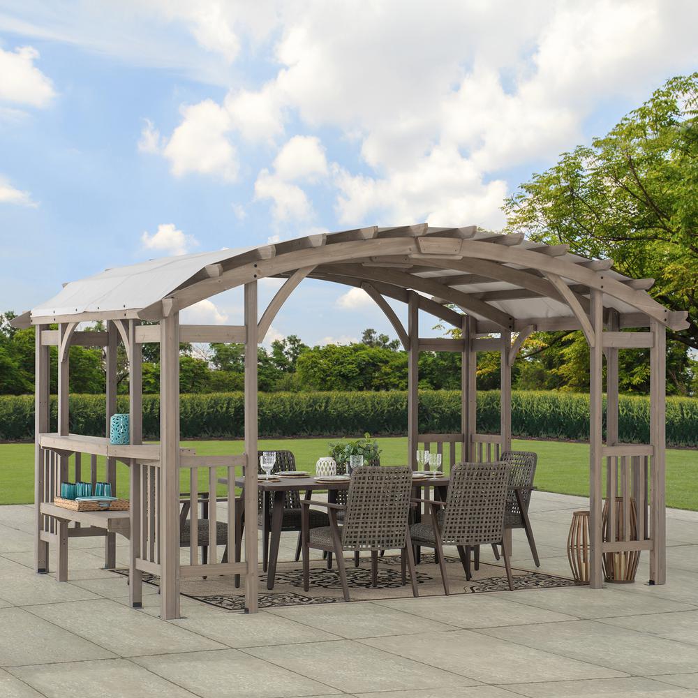 Outdoor Cedar Wood Framed Arched Pergola with weather-resistant canopy for Patio. Picture 23