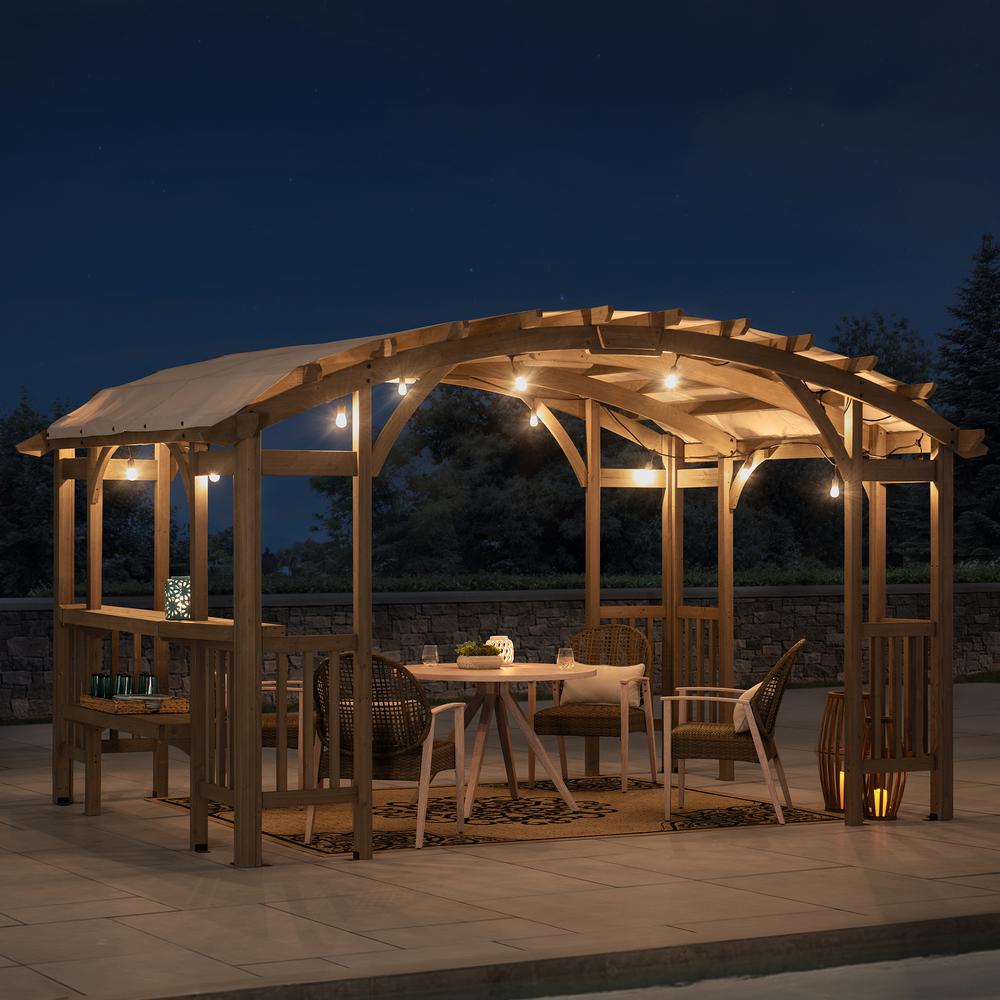 Outdoor Cedar Wood Framed Arched Pergola with weather-resistant canopy for Patio. Picture 24