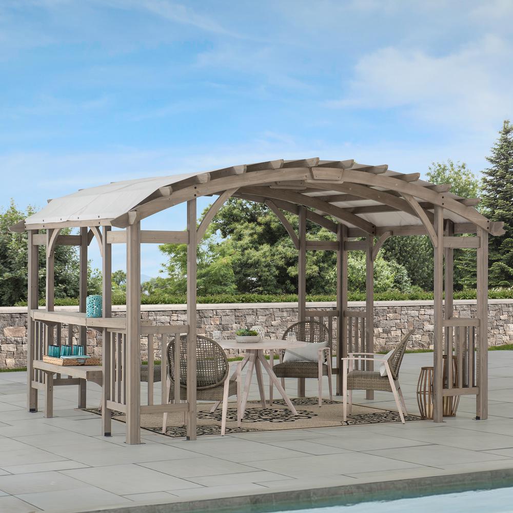 Outdoor Cedar Wood Framed Arched Pergola with weather-resistant canopy for Patio. Picture 26
