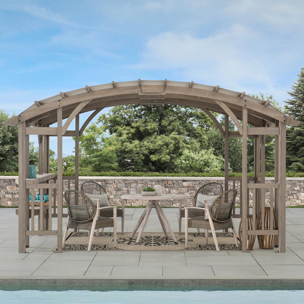 Outdoor Cedar Wood Framed Arched Pergola with weather-resistant canopy for Patio. Picture 21