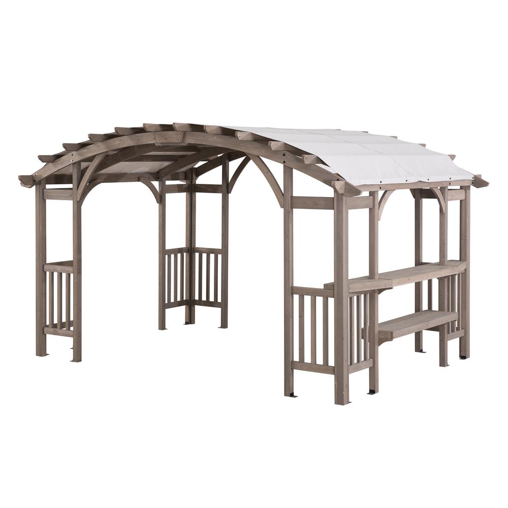 Outdoor Cedar Wood Framed Arched Pergola with weather-resistant canopy for Patio. Picture 27