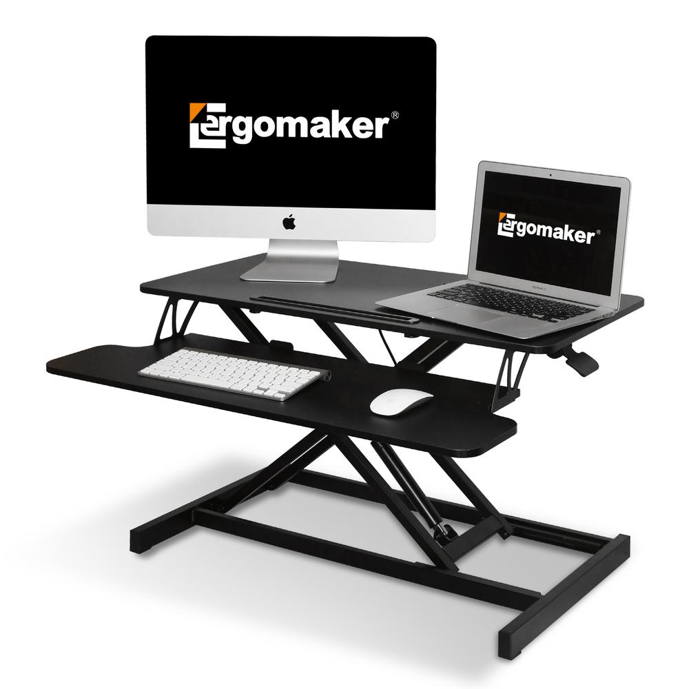 Standing Desk Converter 32 X 16 Inches Height Adjustable Quick Sit To Stand Up Desk Riser For Dual Monitor Black Frame Black Desktop