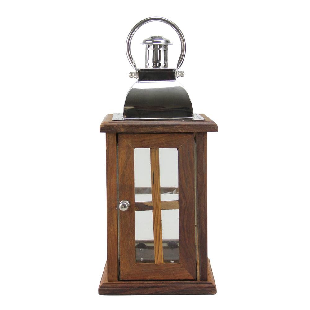 18" Modern Sheesham Wood Candle Lantern with Silver Metal Handle. Picture 2