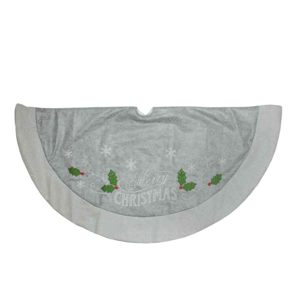 48" Gray and Green 'Merry CHRISTMAS' Mottled Tree Skirt with Herringbone Bordered Trim. Picture 1