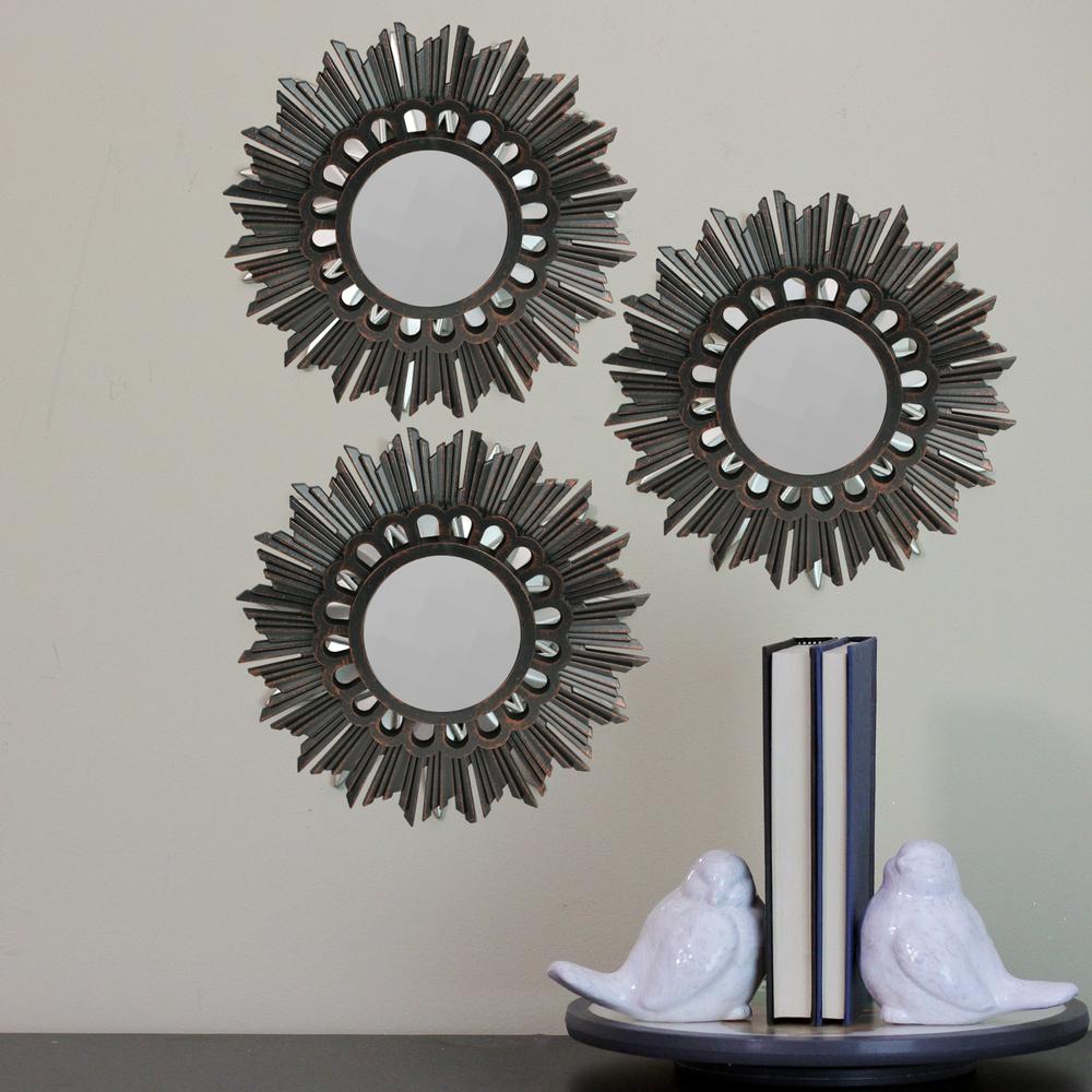 Set of 3 Floral Sunburst Brushed Bronze Round Wall Mirrors 9.5". Picture 2