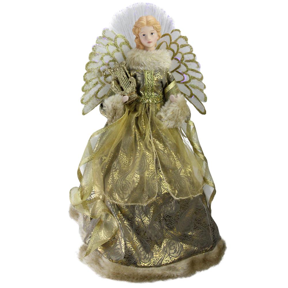 16" Gold and Brown Lighted Angel in Gown with Harp Christmas Tree Topper. Picture 1