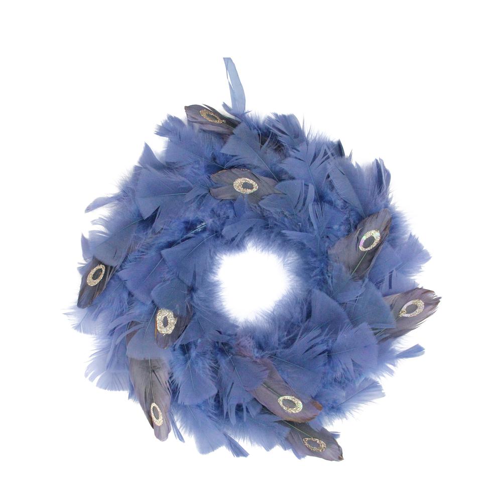 12" Blue and Gray Feather Artificial Christmas Wreath - Unlit. Picture 1