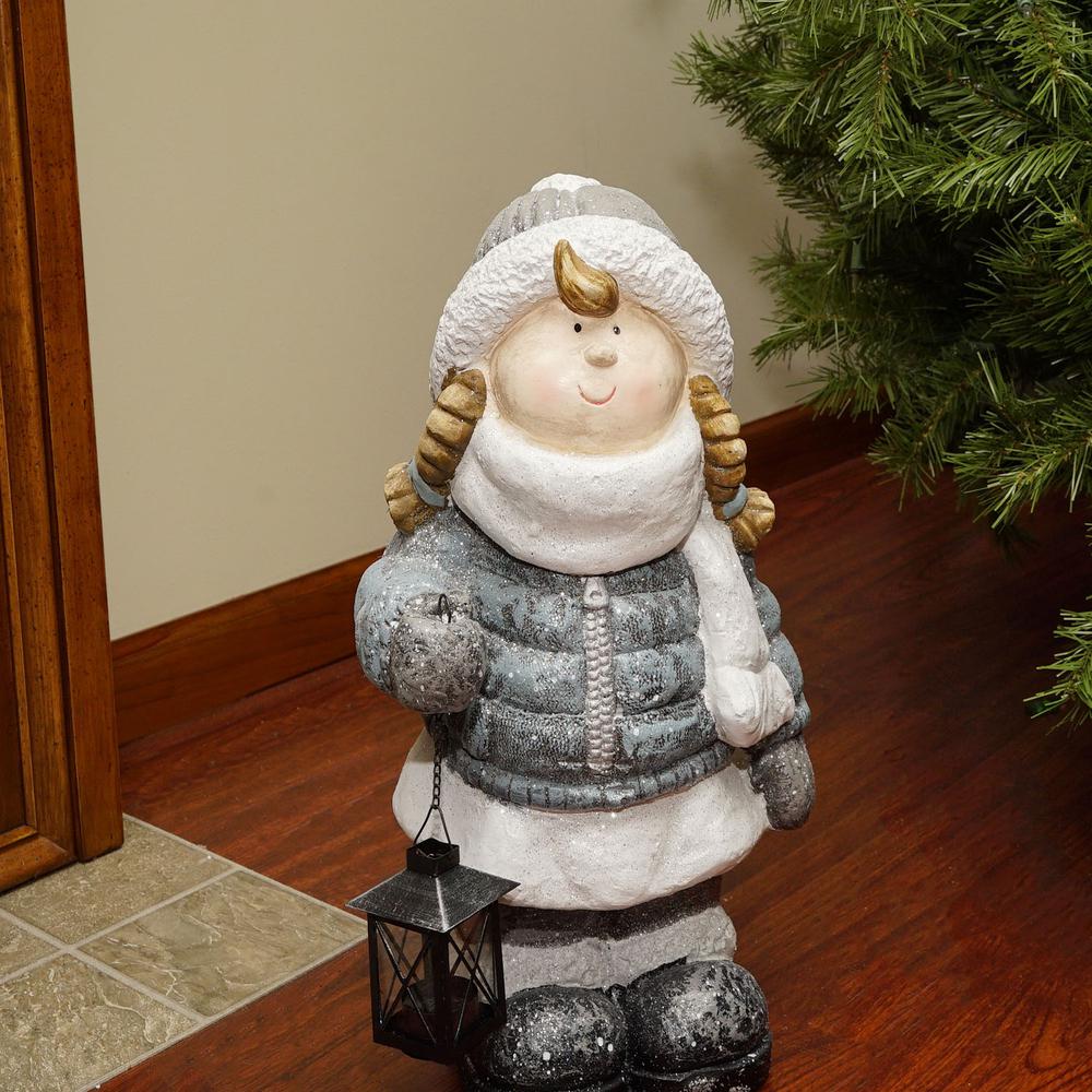 18" Snowy Woodlands Little Girl Holding Tea Light Lantern Christmas Figurine. Picture 4