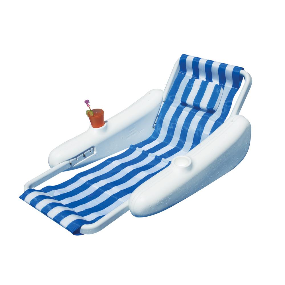 66" Sunchaser Blue and White Striped Sling Back Floating Lounge Chair. Picture 1