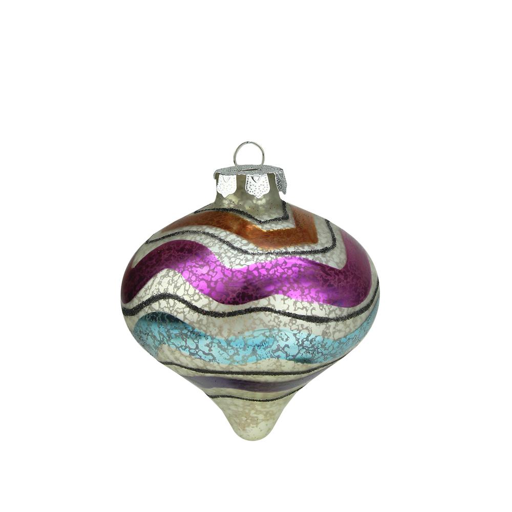 5" Merry & Bright White Mercury Glass Striped Onion Finial Christmas Ornament. Picture 1