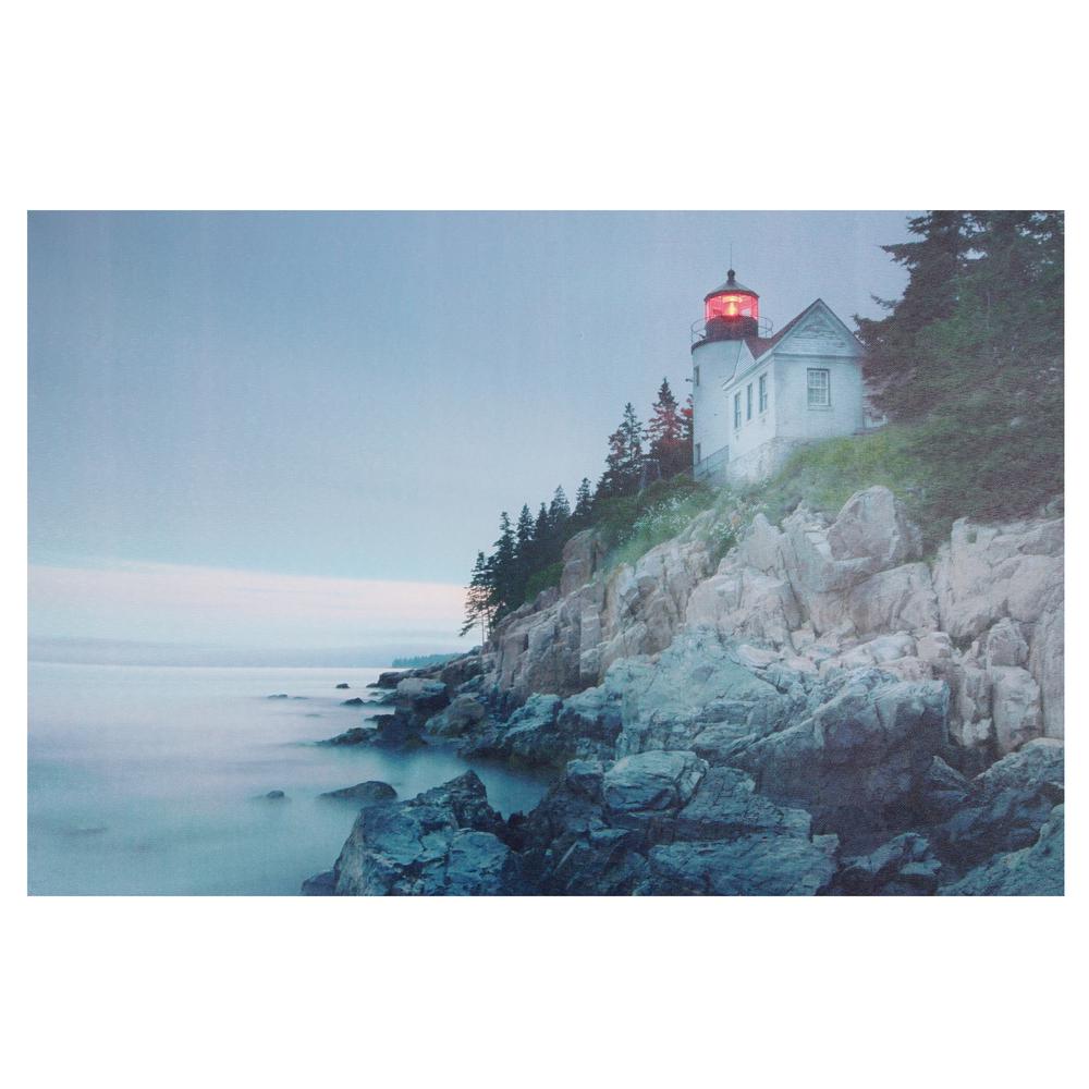 LED Lighted Lighthouse Home with Morning Sunrise Canvas Wall Art 15.75" x 23.5". Picture 1