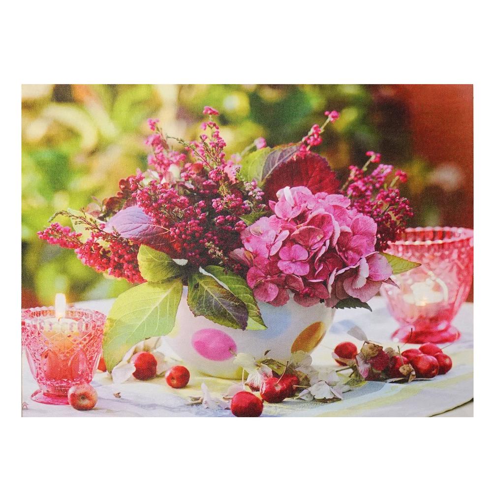 LED Lighted Candles and Pink Floral Arrangement with Berries Canvas Wall Art 11.75" x 15.75". Picture 1
