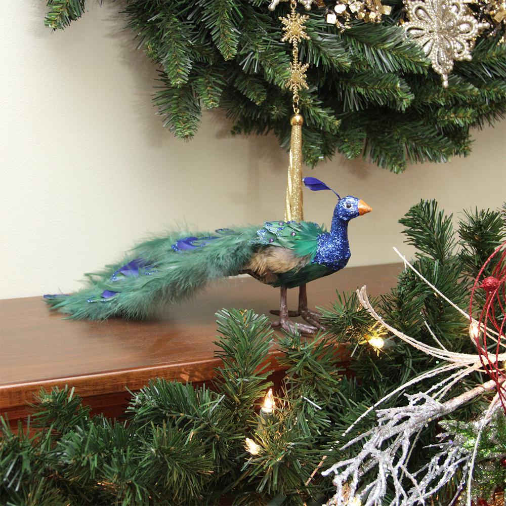 13" Green and Blue Peacock Tail Feathers Christmas Decor. Picture 2