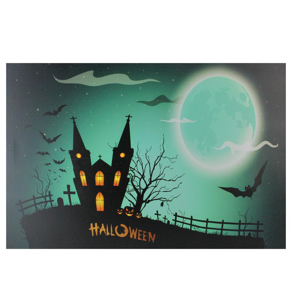 Green and Black LED Lighted Eerie Church in Cemetery Halloween Canvas Wall Art 23.5" x 15.5". Picture 1
