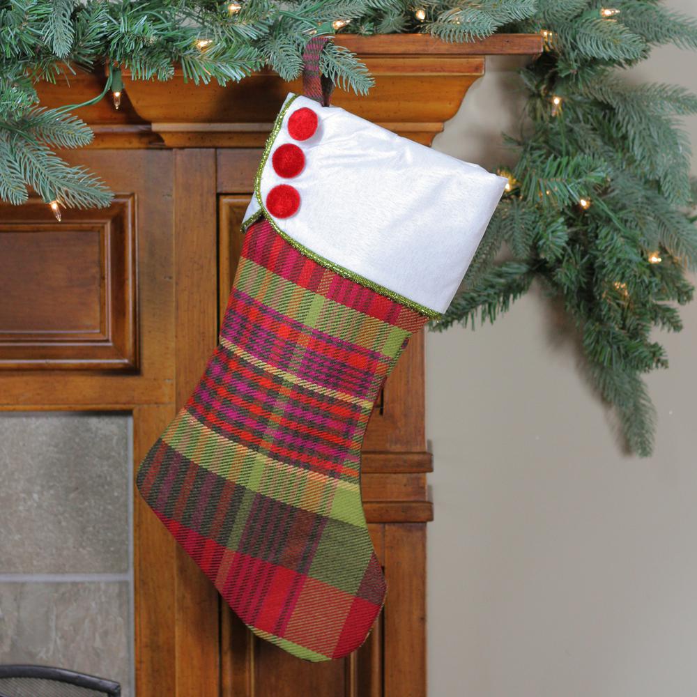 19" Multi-Color Plaid Christmas Stocking with Green and Yellow Trim and Red Buttons. Picture 3