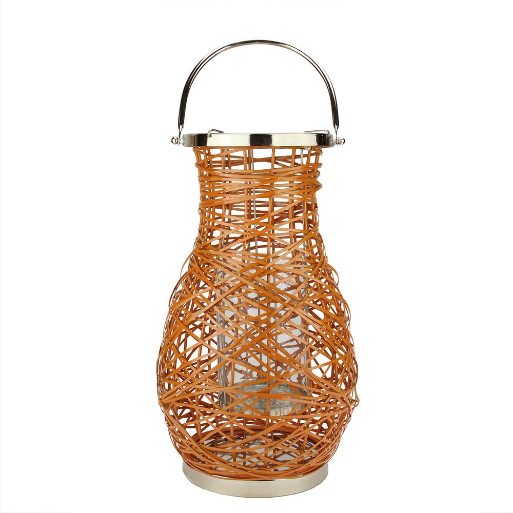 18.5" Modern Orange Decorative Woven Iron Pillar Candle Lantern with Glass Hurricane. Picture 1
