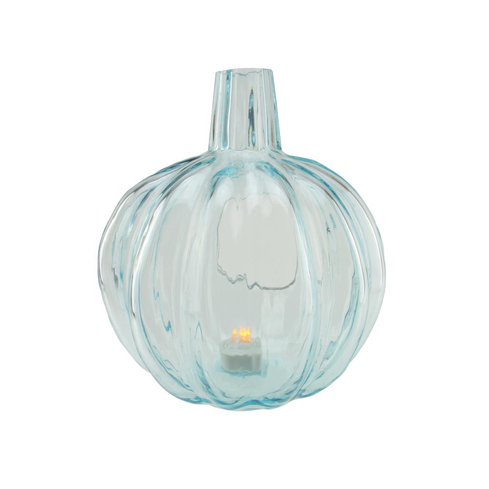 9" Transparent Blue Glass Pumpkin Pillar Candle Holder. Picture 1