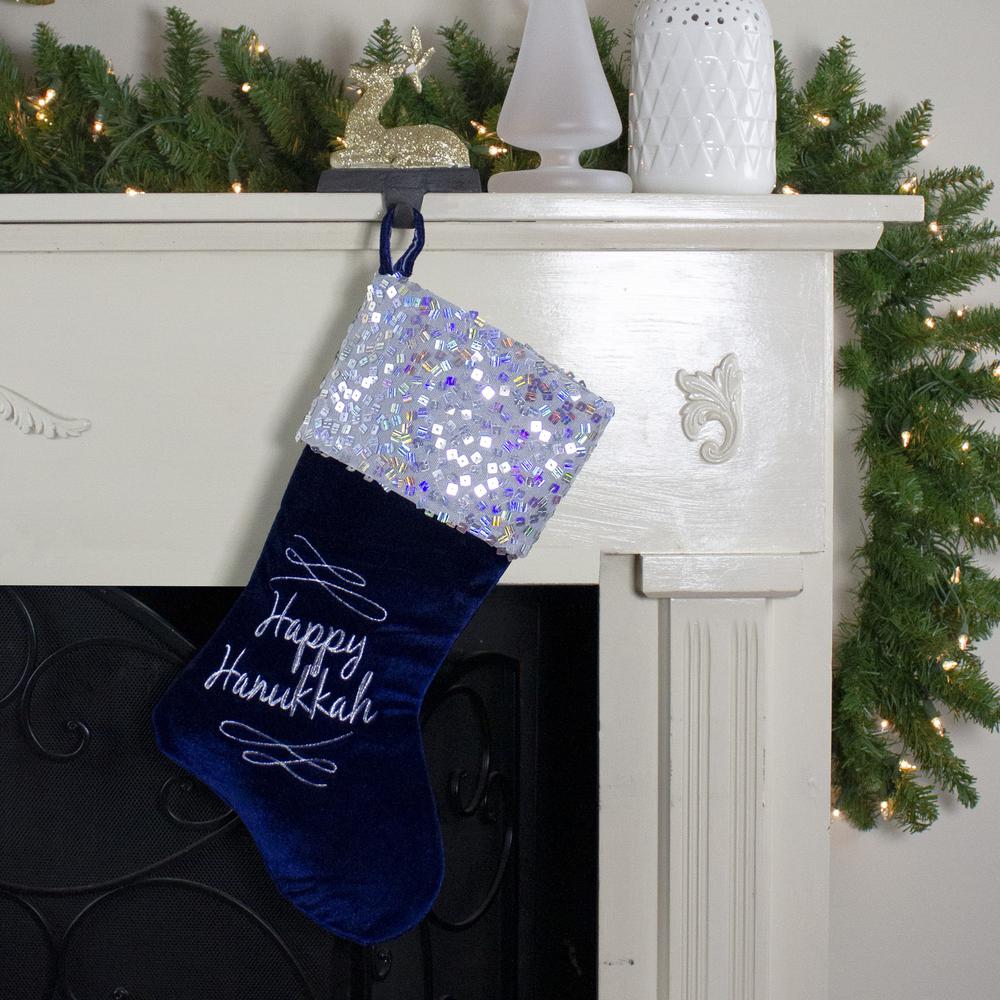 19" Navy Blue and Silver "Happy Hanukkah" Sequin Cuff Embroidered Stocking. Picture 3