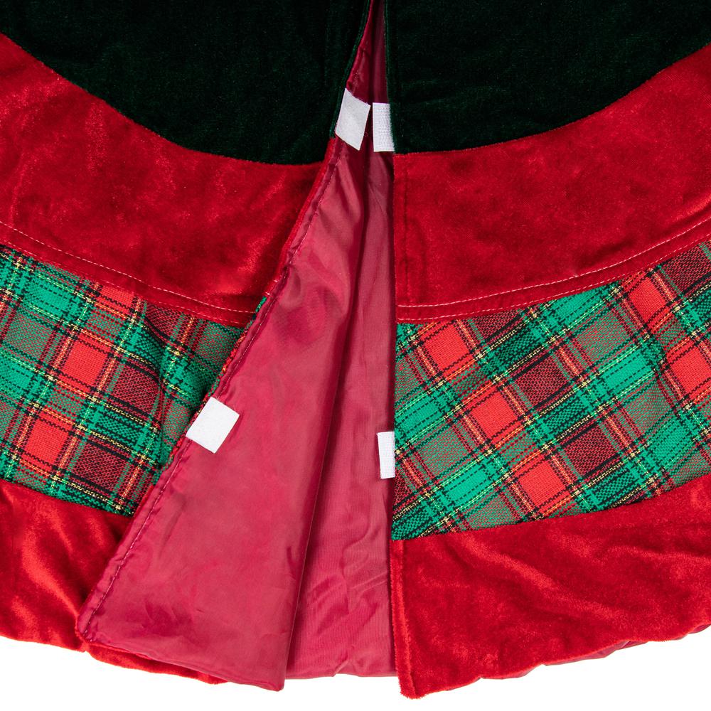 48" Red and Green Plaid Velveteen Christmas Tree Skirt. Picture 6