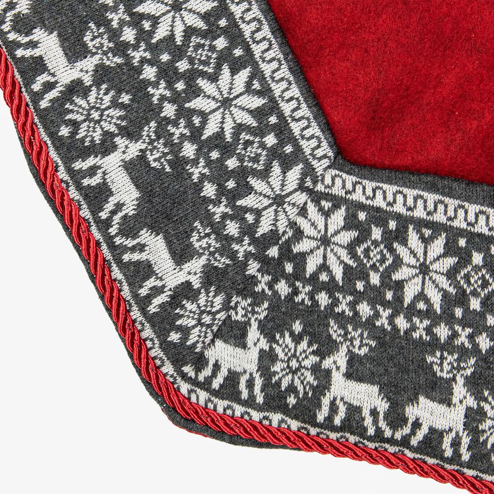50" Red and Gray Snowflake and Reindeer Christmas Tree Skirt. Picture 6