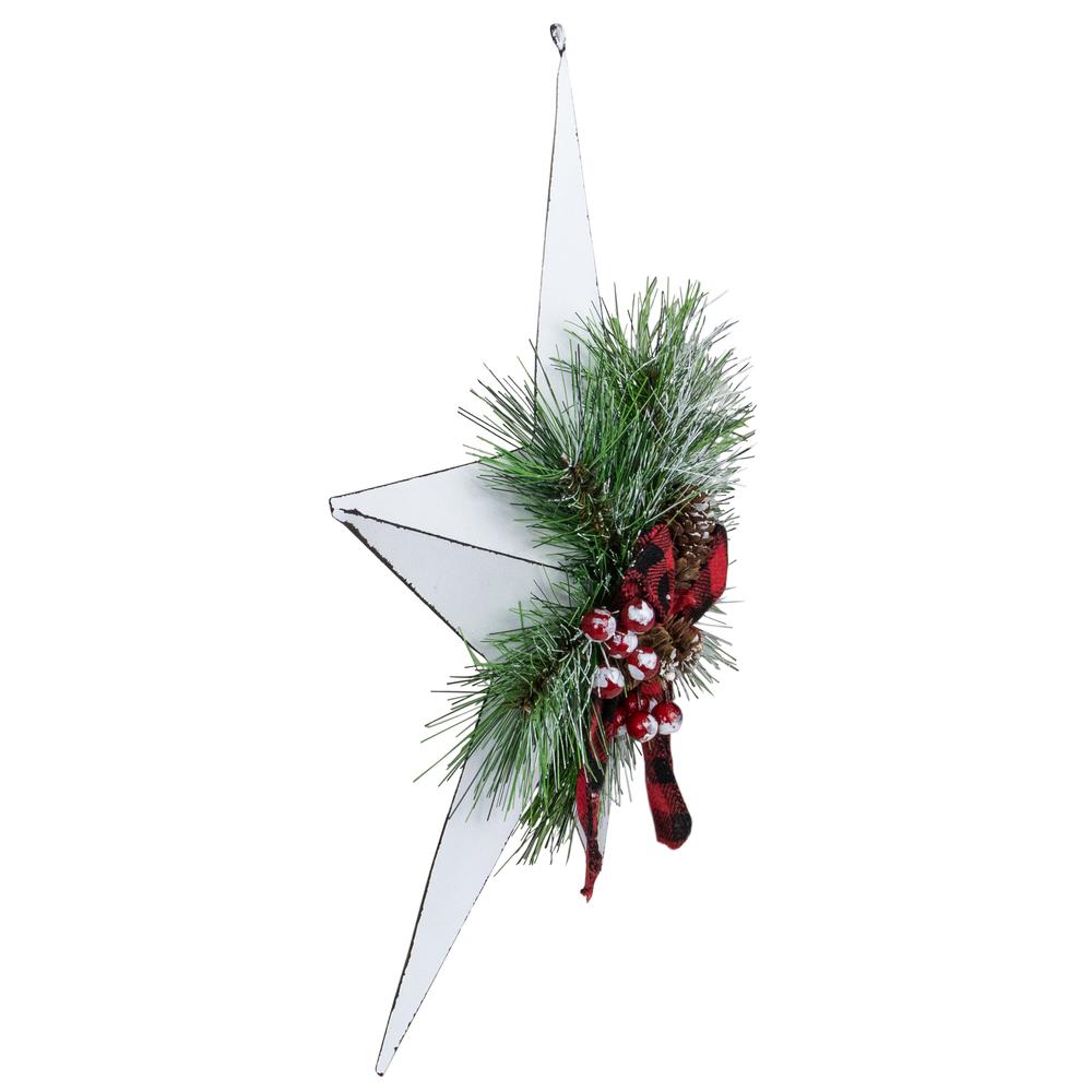 17" White 5 point Christmas Star With Plaid Ribbon with Artificial Pine. Picture 6