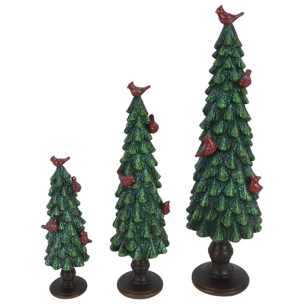 8.75" Green Glittered Christmas Tree With Red Cardinals Decoration. Picture 1