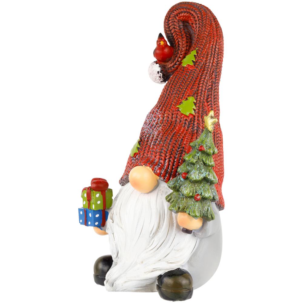 9" Gnome with Cardinal Holding Christmas Tree Decoration. Picture 6