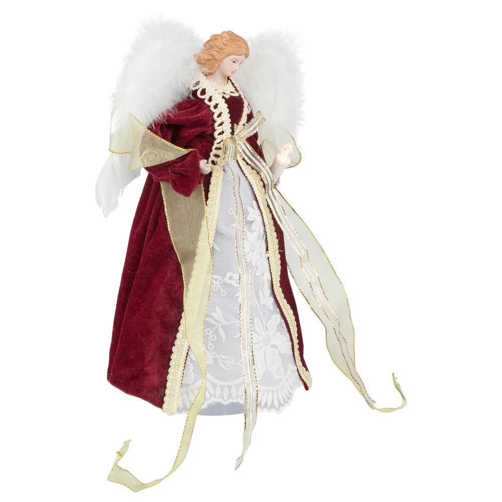 14" Burgundy and White Angel with Lighted Candle Christmas Tree Topper. Picture 6