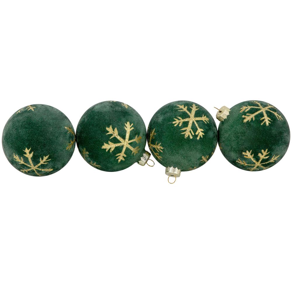 4ct Green Velvet Glass Christmas Ball Ornaments with Gold Snowflakes 3" (80mm). Picture 6