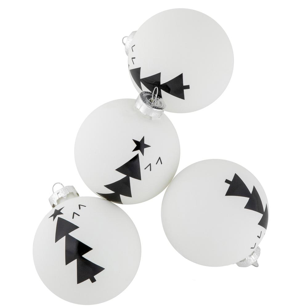 4ct White Glass Ball Ornaments with Black Christmas Trees 3". Picture 6