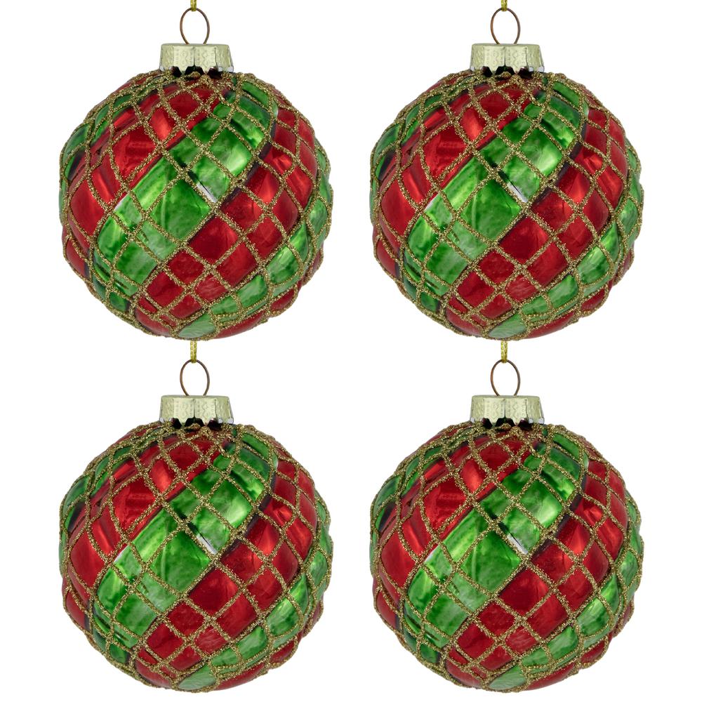 4ct Red and Gold Basket Weave Christmas Glass Ball Ornaments 3". Picture 6