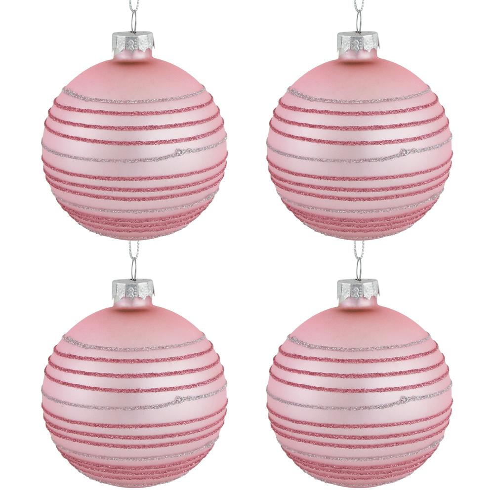 Set of 4 Pink Glitter Striped Glass Christmas Ball Ornaments 3" (80mm). Picture 6