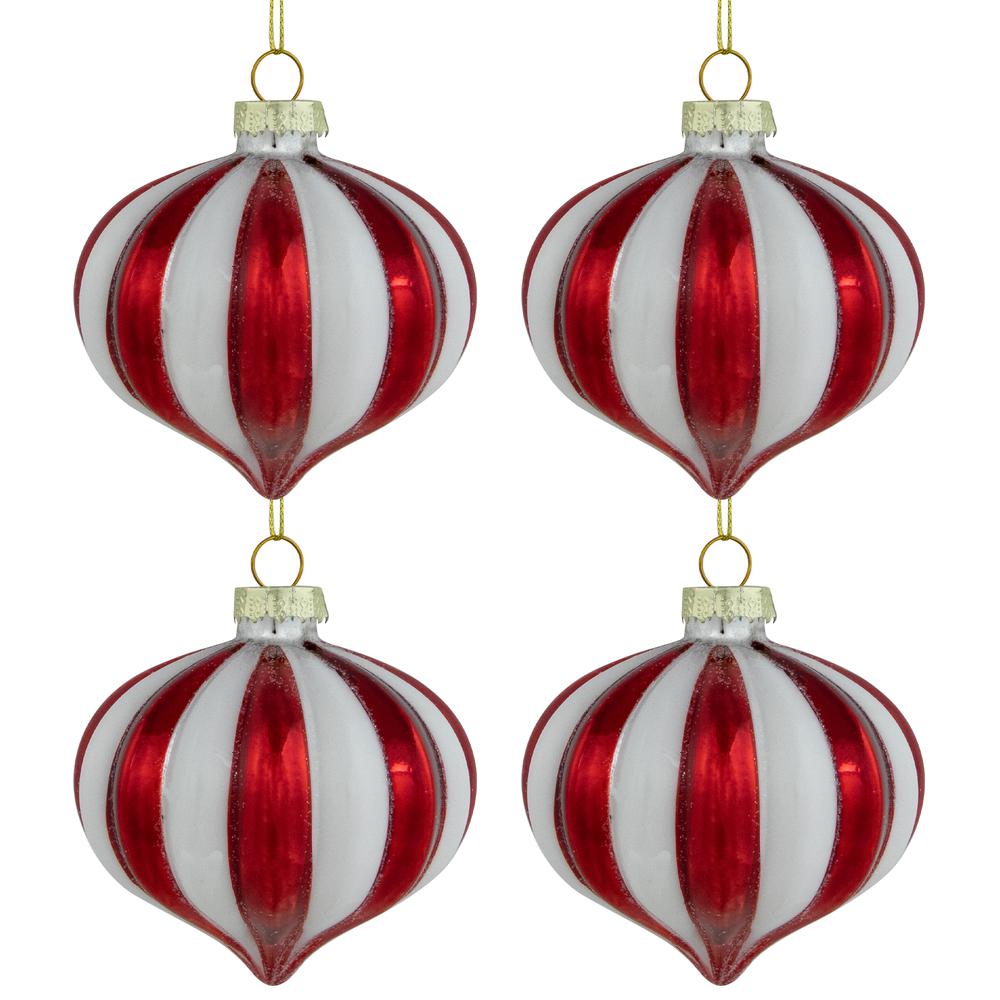 4ct Red and White Glittered Candy Cane Onion Glass Christmas Ornaments 3". Picture 6