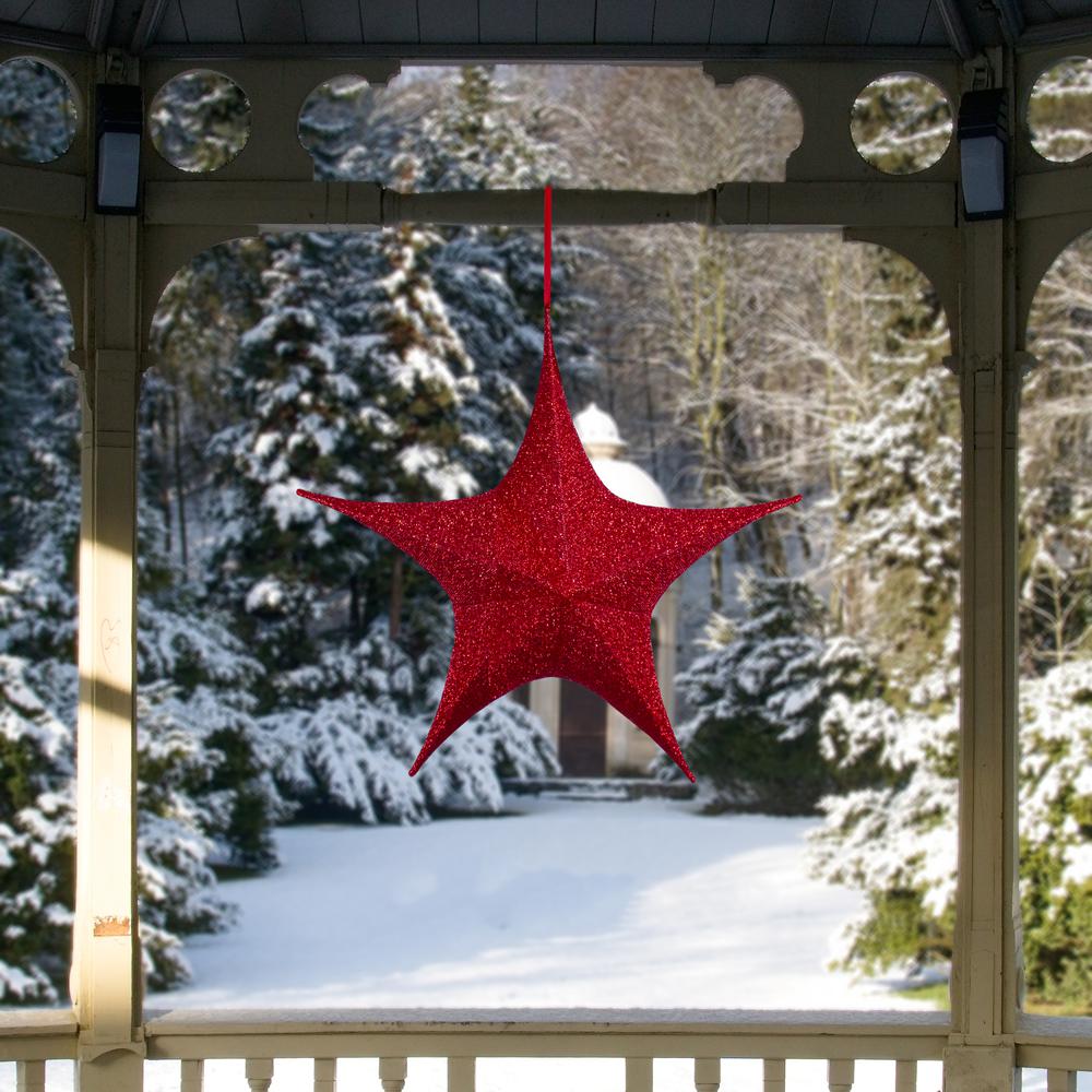 30" Red Tinsel Foldable Christmas Star Outdoor Decoration. Picture 2