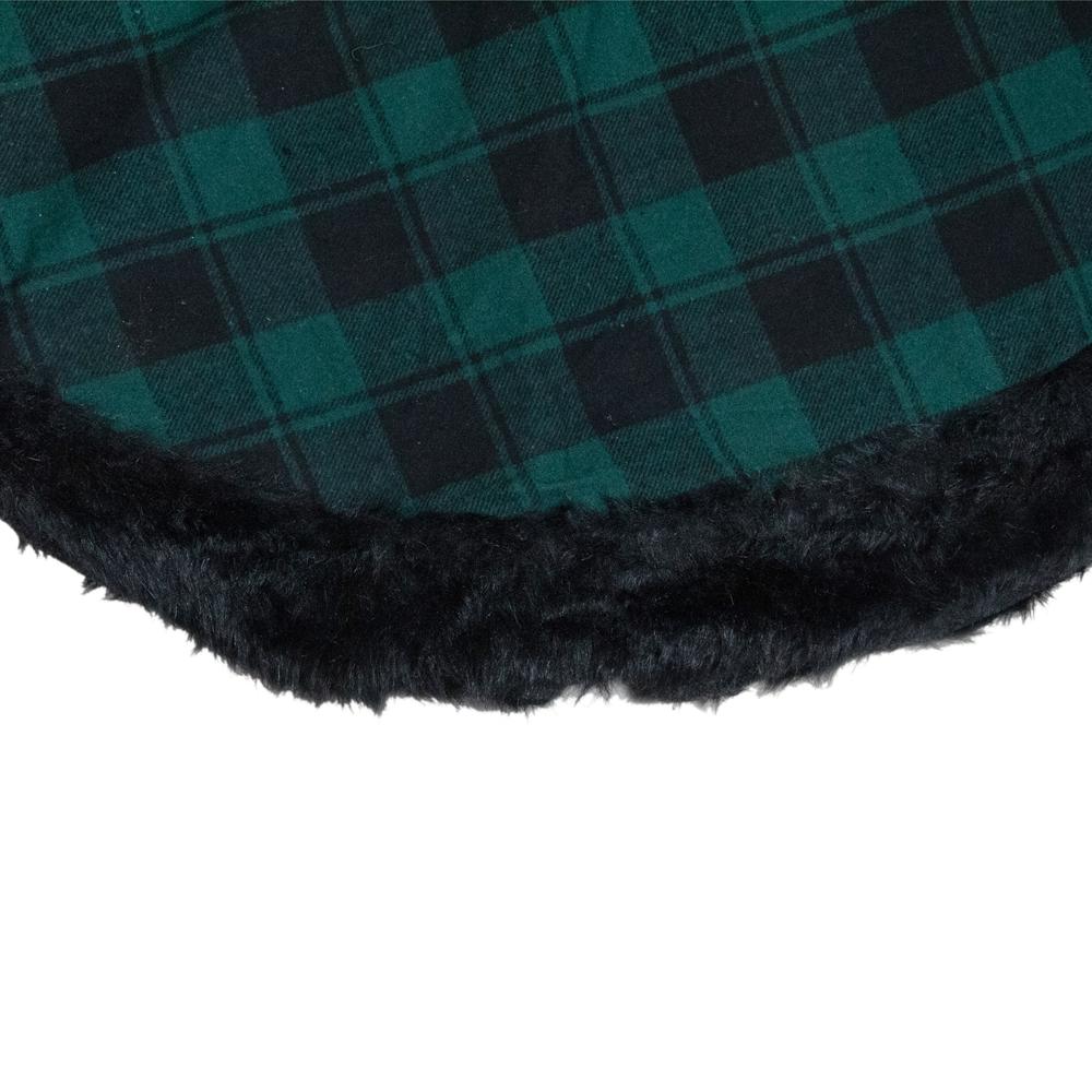 48" Green and Black Plaid Christmas Tree Skirt with Faux Fur. Picture 6