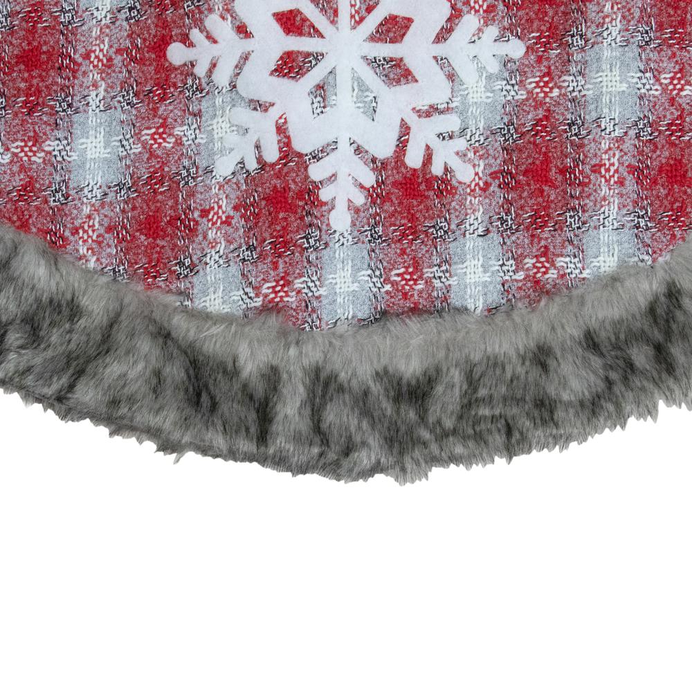 48" Red and White Plaid Christmas Tree Skirt with Snowflake. Picture 6