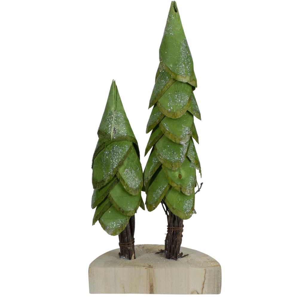 9" Brown and Green Christmas Trees on a Wooden Base Tabletop Decor. Picture 6