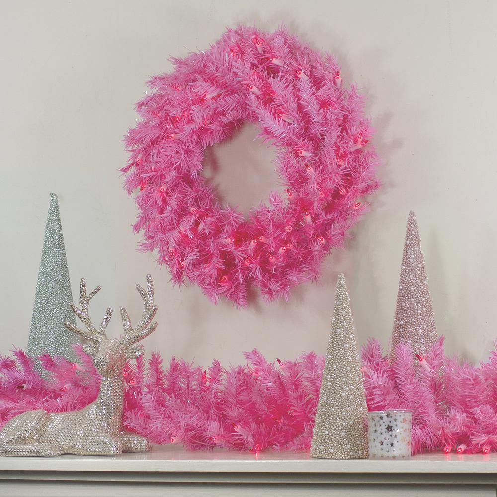 36" Pre-Lit Pink Spruce Artificial Christmas Wreath  Pink Lights. Picture 2