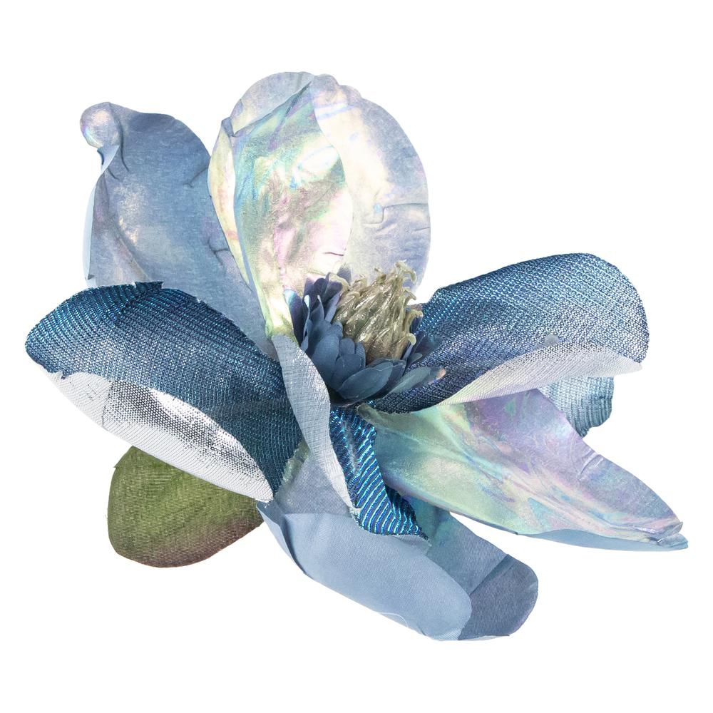 7" Iridescent Blue Artificial Magnolia Clip-On Christmas Ornament. Picture 6