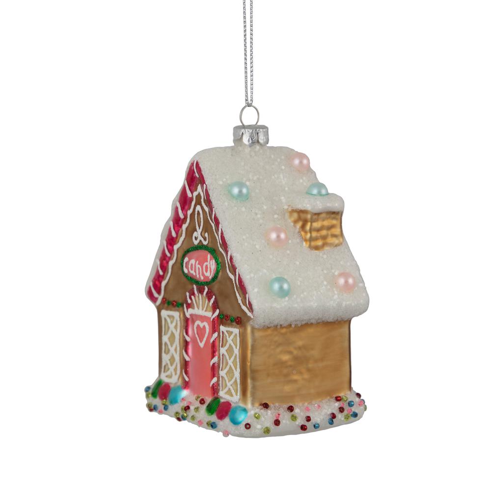 4.5" Glittered Gingerbread House Glass Christmas Ornament. Picture 6