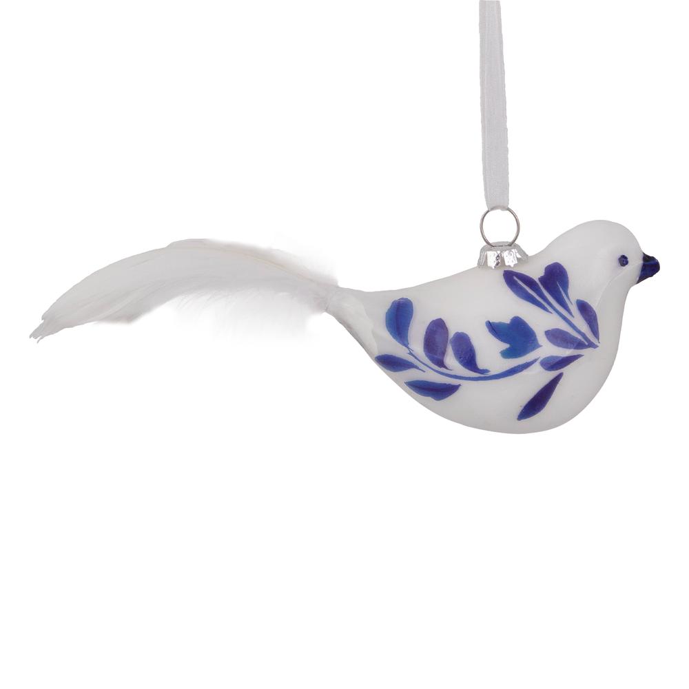 6.5" White and Blue Bird Glass Christmas Ornament. Picture 6