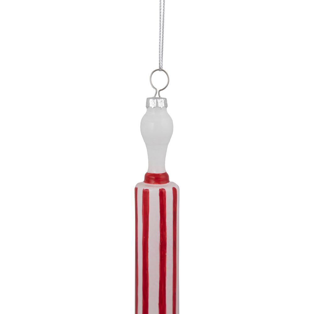 7.25" Red Striped Rolling Pin Glass Christmas Ornament. Picture 6