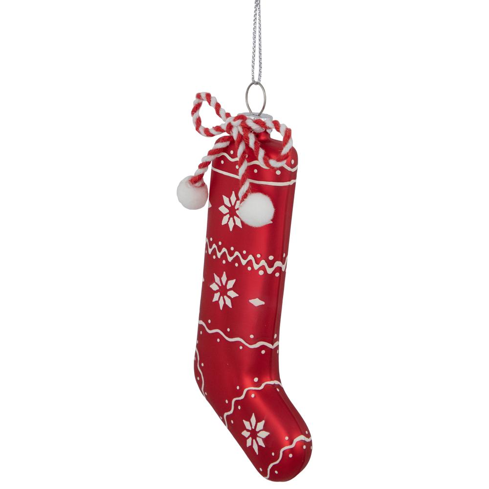 5" Red and White Christmas Stocking Glass Ornament. Picture 6