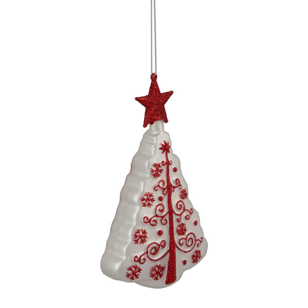 6" White and Red Christmas Tree Glass Ornament. Picture 6