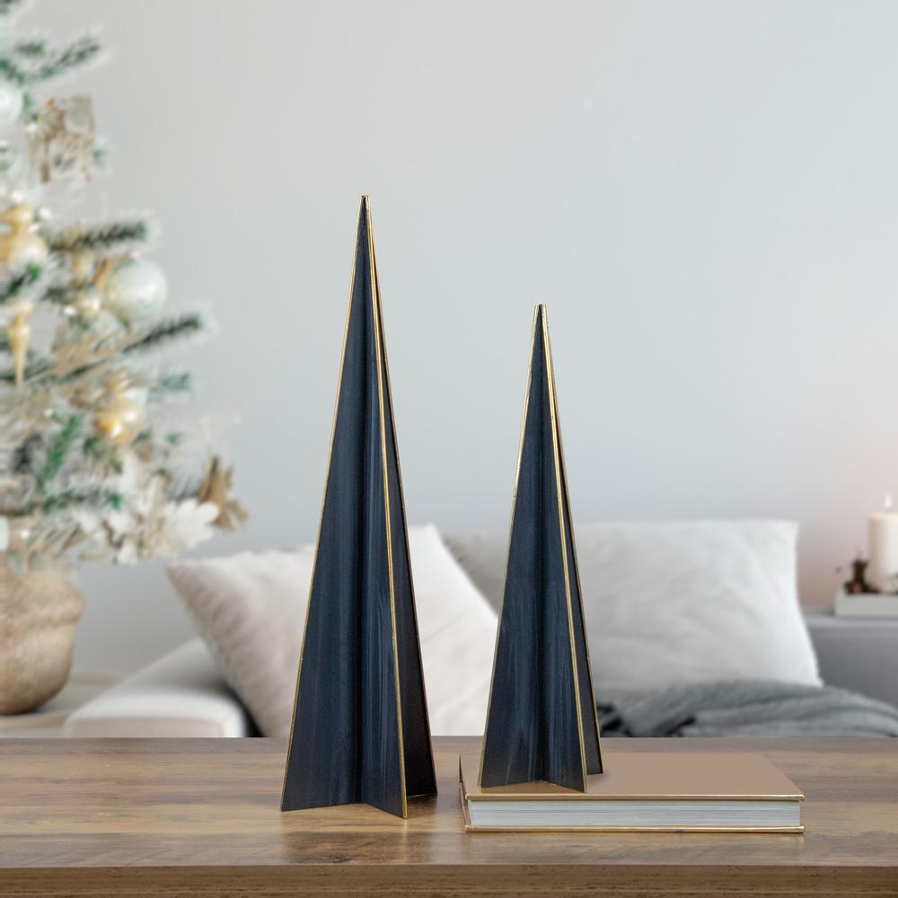 15" Blue and Gold Triangular Christmas Tree Tabletop Decor. Picture 2