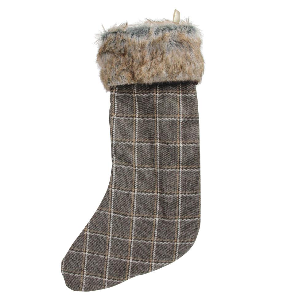 17.5" Gray and Brown Plaid Christmas Stocking with Cuff. Picture 3