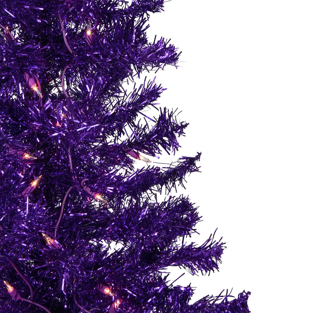 4' Pre-Lit Purple Artificial Tinsel Christmas Tree  Clear Lights. Picture 4