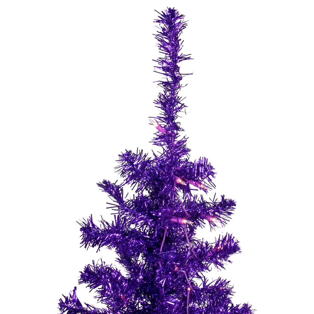 4' Pre-Lit Purple Artificial Tinsel Christmas Tree  Clear Lights. Picture 3