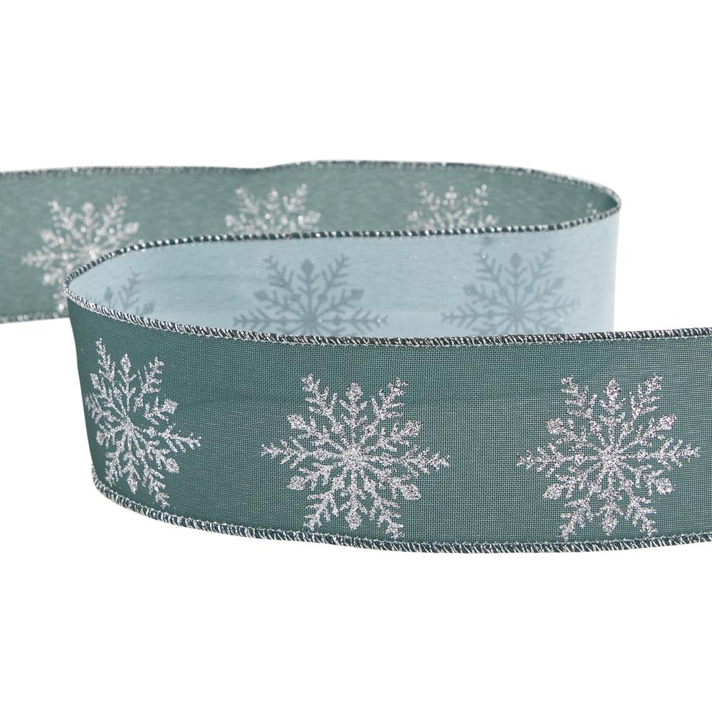 Green with Glitter Snowflakes Wired Craft Christmas Ribbon 2.5" x 10 Yards. Picture 6