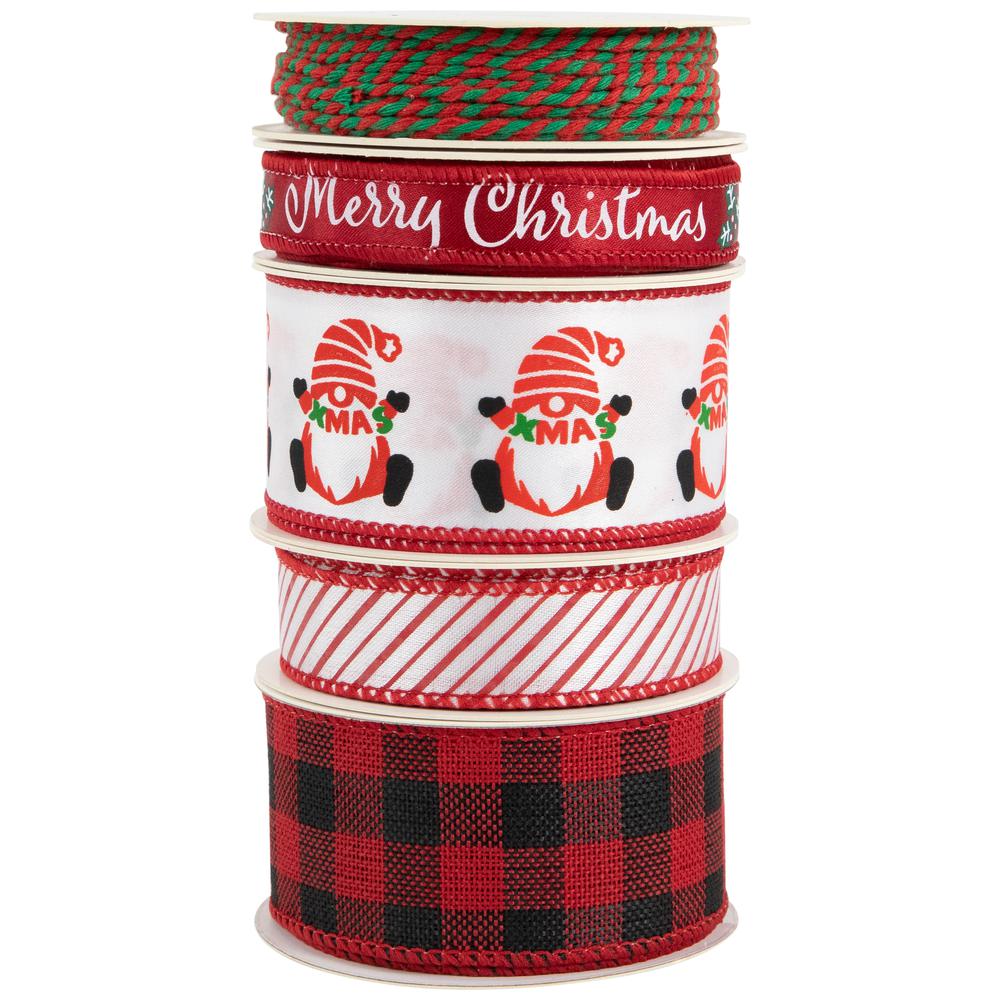 Set of 5 Santa Gnome Matching Themed Craft Christmas Ribbons 1.5" x 3 Yards. Picture 6